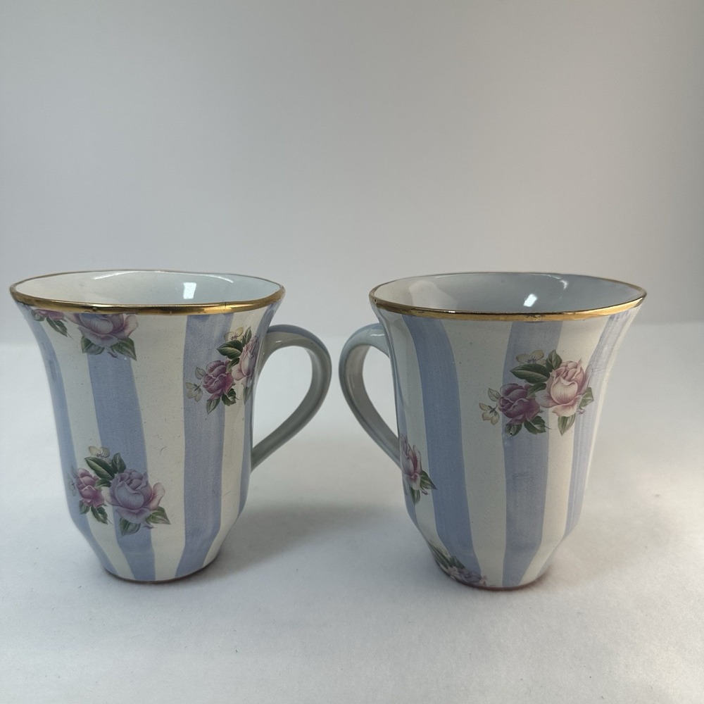 MacKenzie-Childs Honeymoon Morning Glory Blue Stripe Mugs Set of 2 Vintage